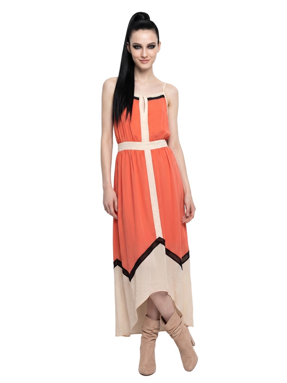 LUCY PARIS Maxi Dress Orange Cream ColorBlock halter spaghetti straps Sz L - Picture 11 of 11